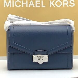 Michael Kors Kinsley Medium Flap Shoulder Bag Crossbody in NAVY COLOR